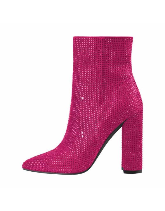 Pointed Toe Rhinestone Chunky Heel Ankle Boots