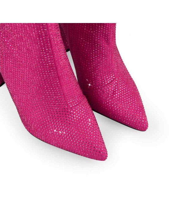 Pointed Toe Rhinestone Chunky Heel Ankle Boots