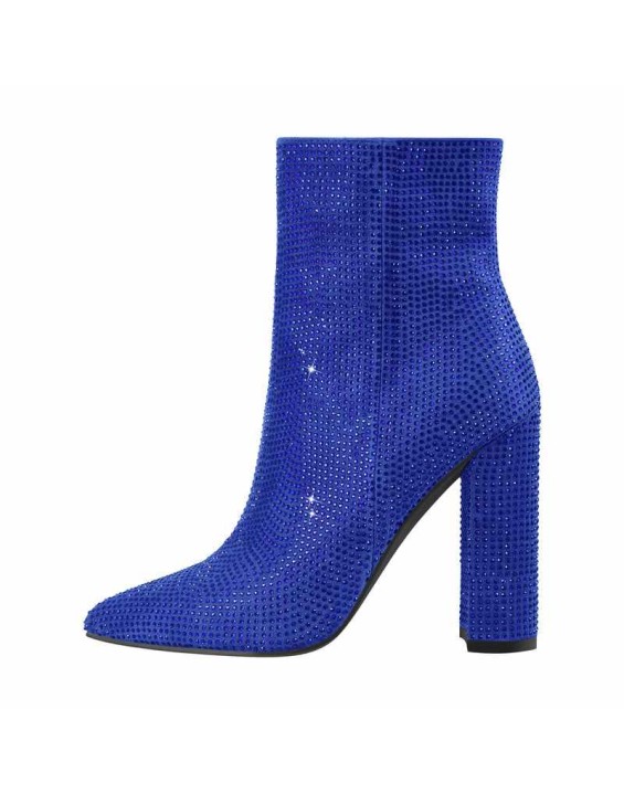 Pointed Toe Rhinestone Chunky Heel Ankle Boots