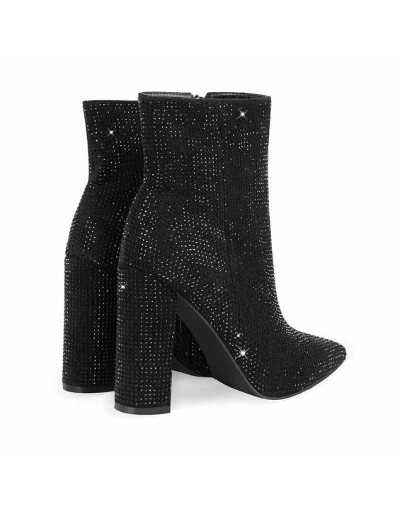 Pointed Toe Rhinestone Chunky Heel Ankle Boots
