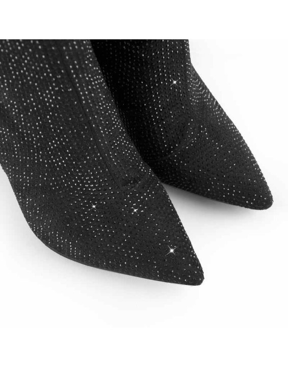 Pointed Toe Rhinestone Chunky Heel Ankle Boots