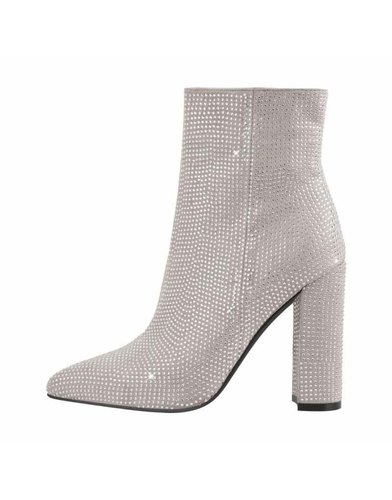 Pointed Toe Rhinestone Chunky Heel Ankle Boots