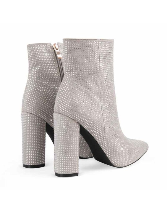 Pointed Toe Rhinestone Chunky Heel Ankle Boots