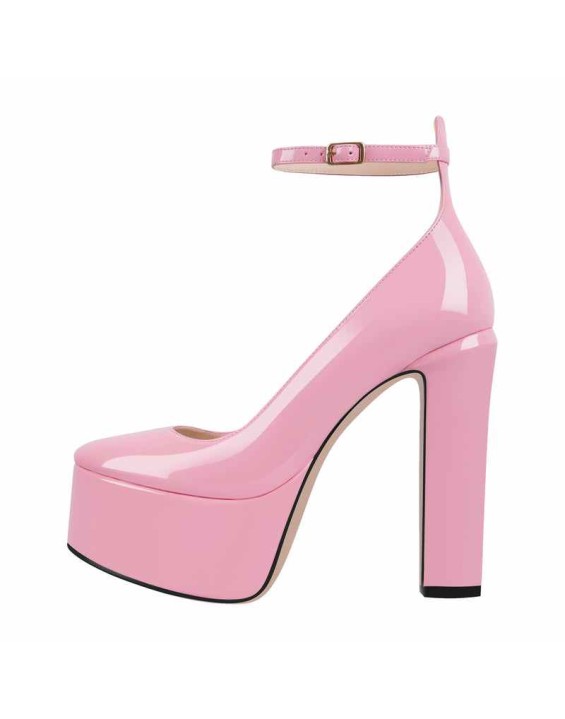 Platform Chunky Heel Ankle Strap Pink Pumps