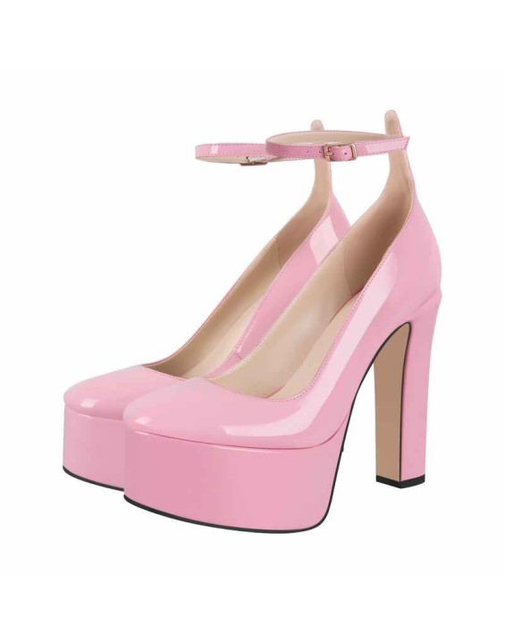 Platform Chunky Heel Ankle Strap Pink Pumps