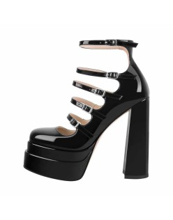 Double Platform Square Toe Chunky Heel Pumps