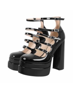 Double Platform Square Toe Chunky Heel Pumps