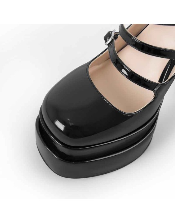 Double Platform Square Toe Chunky Heel Pumps