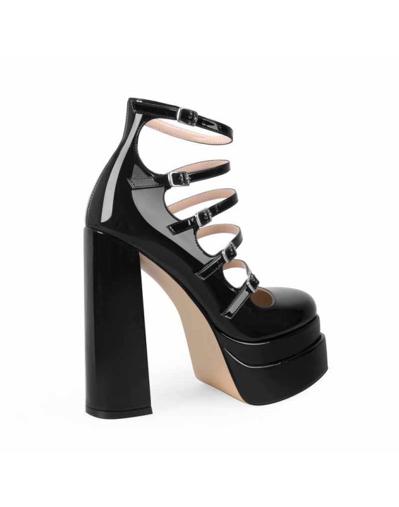 Double Platform Square Toe Chunky Heel Pumps