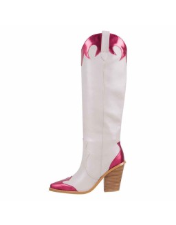 Pointed Toe Metallic Leather Trim Knee High Western Boots