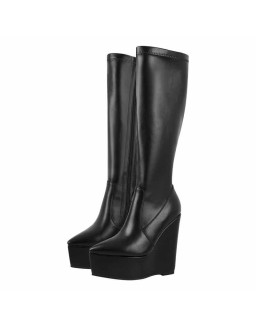 Pointed Toe Wedge Heel Zipper Thigh Knee High Boots