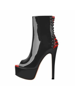 Red Peep Toe Patent Leather Zipper Ankle Boots