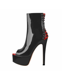 Red Peep Toe Patent Leather Zipper Ankle Boots