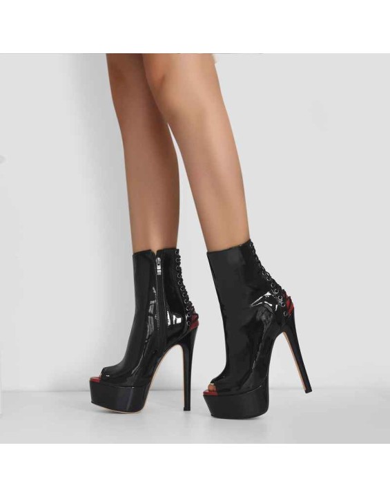Red Peep Toe Patent Leather Zipper Ankle Boots