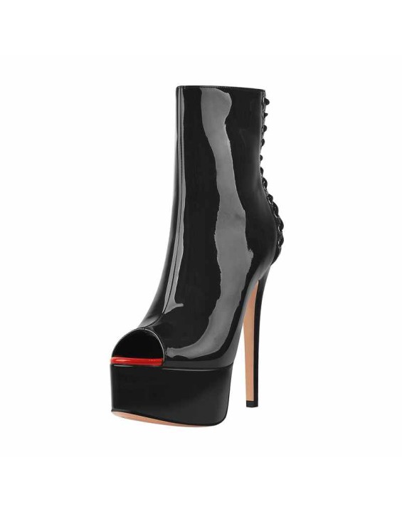 Red Peep Toe Patent Leather Zipper Ankle Boots