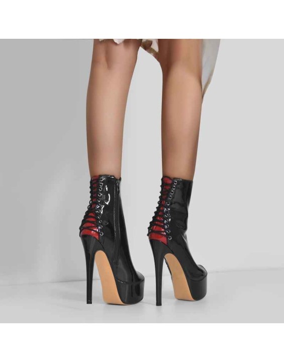 Red Peep Toe Patent Leather Zipper Ankle Boots