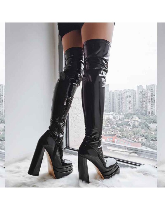 Patent Platform Chunky Knee High Thigh Boots