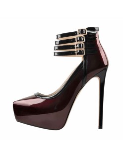 Quadruple Buckle Ankle Strap Patent High Heel Pumps