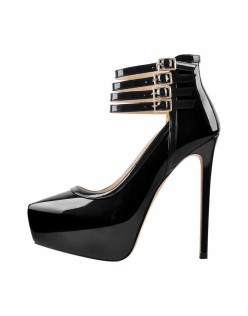 Quadruple Buckle Ankle Strap Patent High Heel Pumps