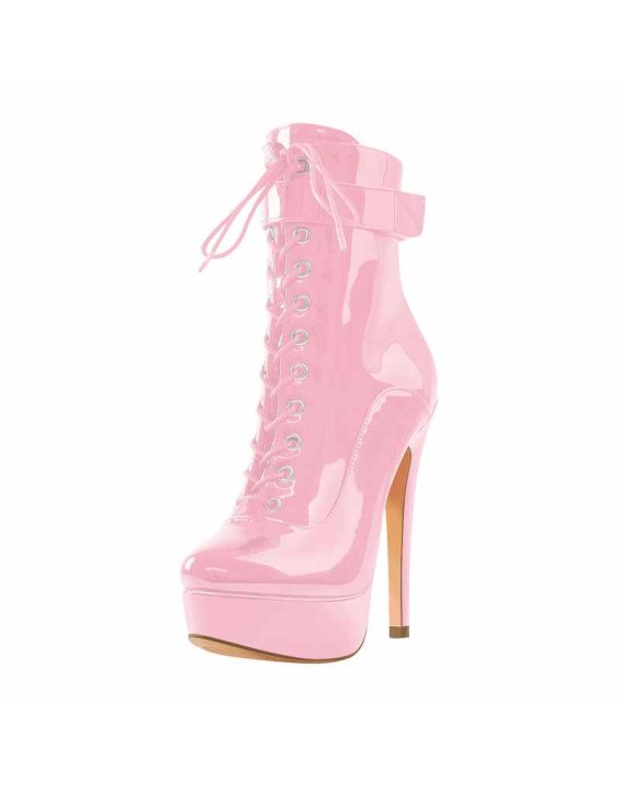 Pink Platform High Heel Lace up Ankle Boots