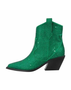 Rhinestone Pointed Toe Chunky Heels Ankle Boots
