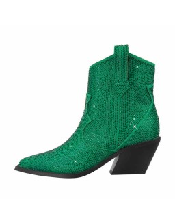 Rhinestone Pointed Toe Chunky Heels Ankle Boots