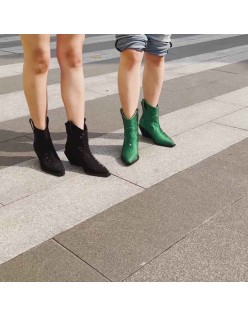 Rhinestone Pointed Toe Chunky Heels Ankle Boots