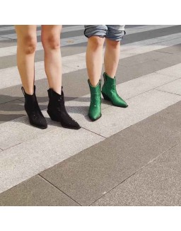 Rhinestone Pointed Toe Chunky Heels Ankle Boots