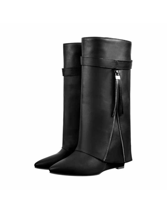 Pointed Toe Side Tassel Zipper Fold Over Boots