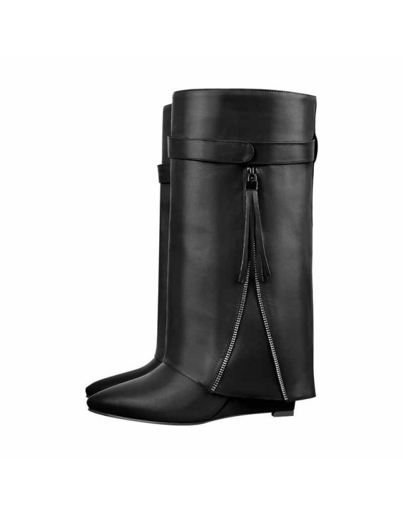 Pointed Toe Side Tassel Zipper Fold Over Boots