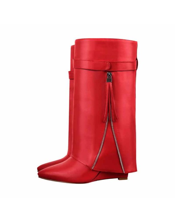 Pointed Toe Side Tassel Zipper Fold Over Boots