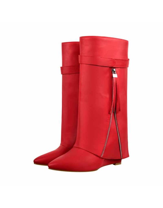 Pointed Toe Side Tassel Zipper Fold Over Boots