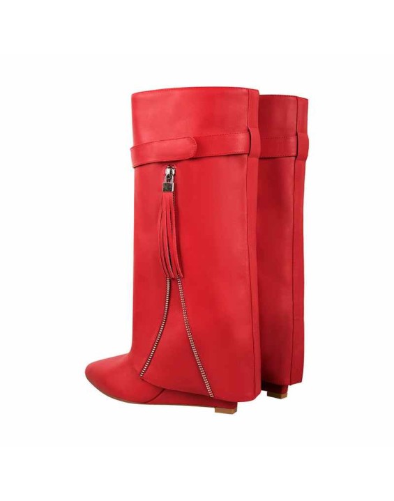 Pointed Toe Side Tassel Zipper Fold Over Boots