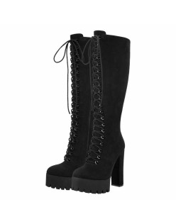 Platform Chunky Heels Lace up Knee High Boots