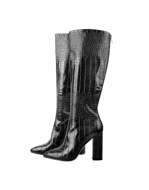 Pointed Toe Stone Pattern Chunky Boots