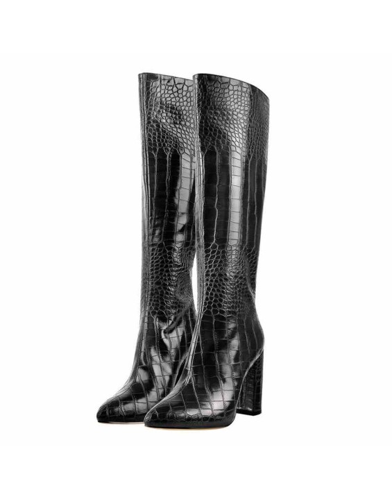 Pointed Toe Stone Pattern Chunky Boots