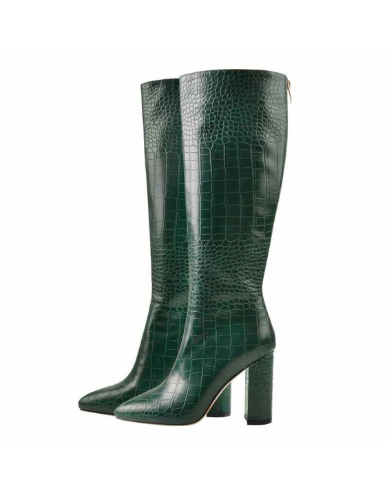 Pointed Toe Stone Pattern Chunky Boots