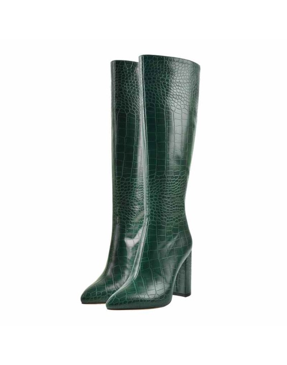 Pointed Toe Stone Pattern Chunky Boots