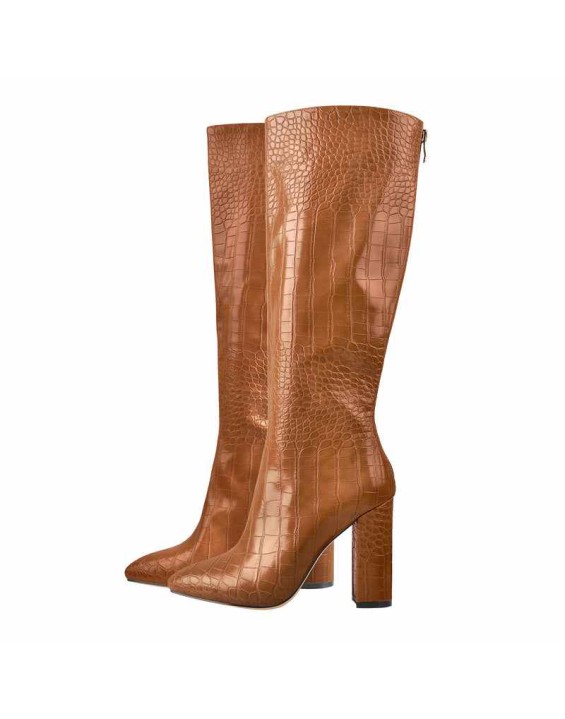 Pointed Toe Stone Pattern Chunky Boots