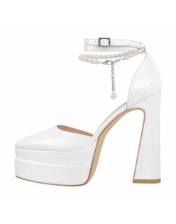 White Pointed Toe Platform Chunky Pumps