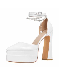 White Pointed Toe Platform Chunky Pumps