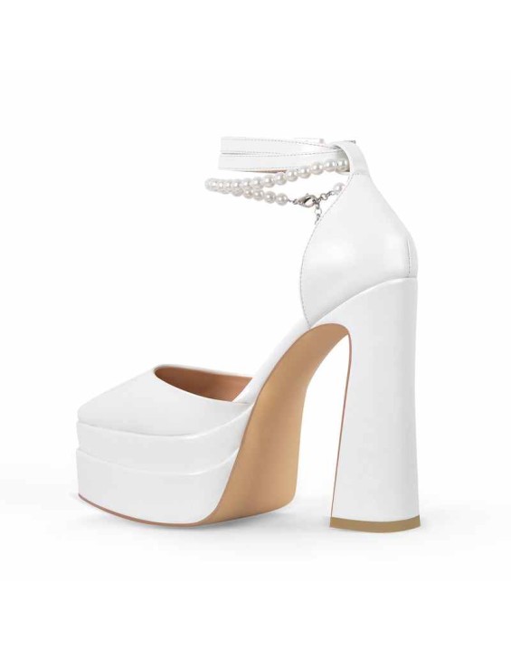 White Pointed Toe Platform Chunky Pumps