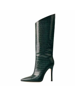 Green Stone Pattern High Heel Mid-Calf Boots