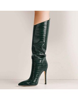 Green Stone Pattern High Heel Mid-Calf Boots