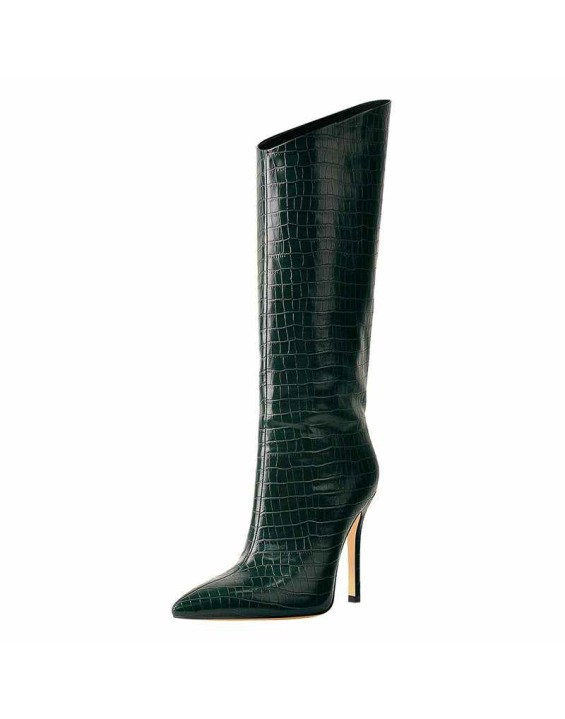 Green Stone Pattern High Heel Mid-Calf Boots