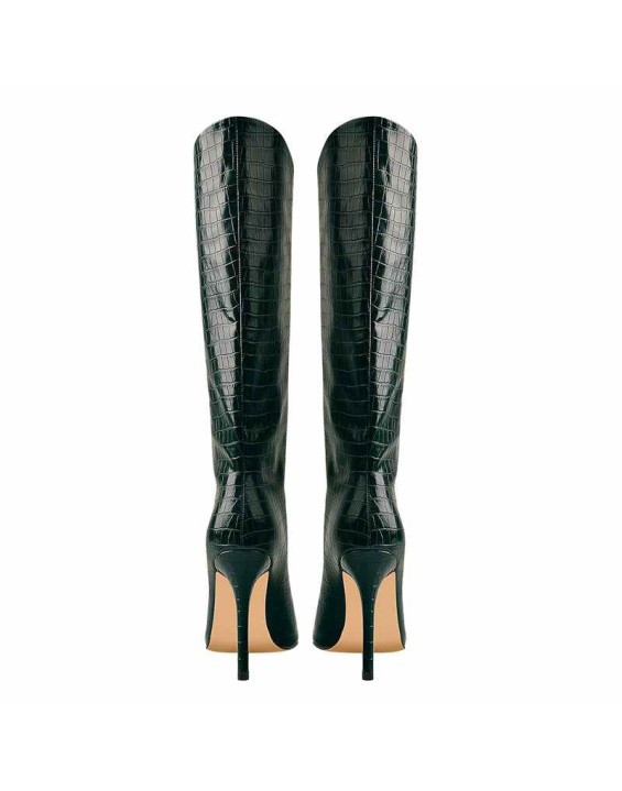 Green Stone Pattern High Heel Mid-Calf Boots