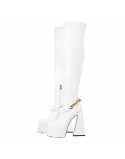 Square Toe Metal Chain Chunky Thigh Boots