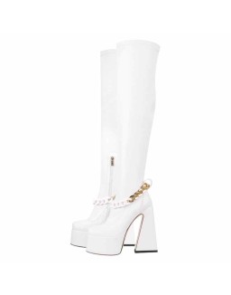 Square Toe Metal Chain Chunky Thigh Boots