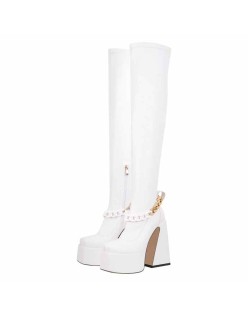 Square Toe Metal Chain Chunky Thigh Boots