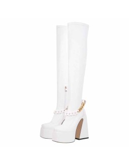 Square Toe Metal Chain Chunky Thigh Boots